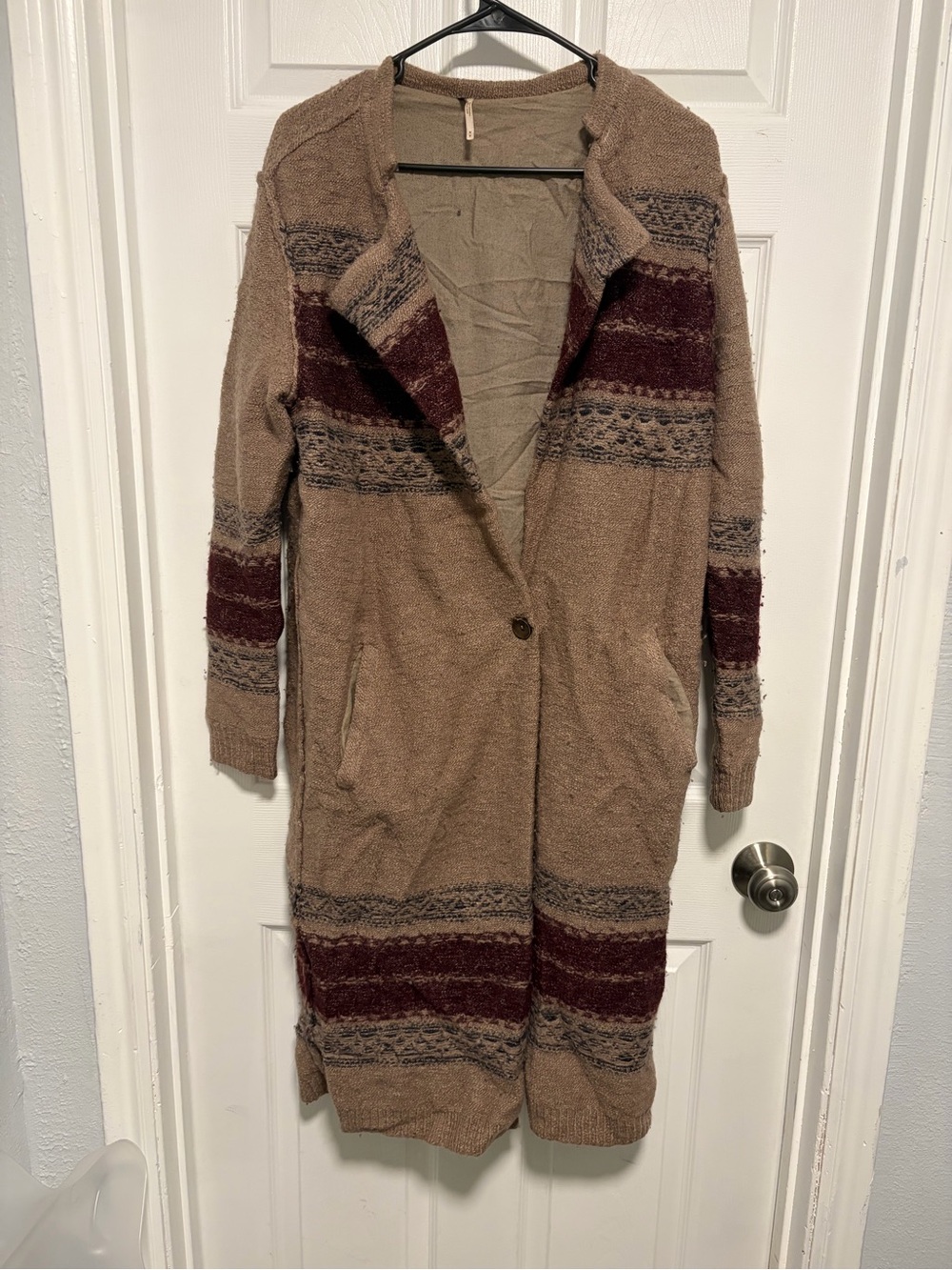 Free People Long Taupe Coat with Burgundy Stripe Accents